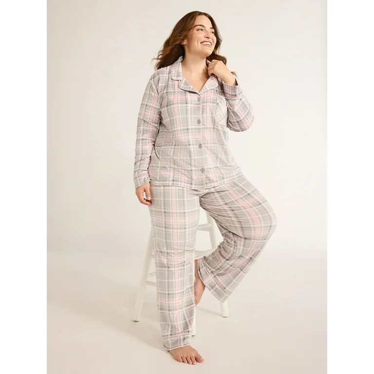 Joyspun Women's Velour Notch Collar Top and Pants Pajama Set, 2-Piece, Sizes S-3X | Walmart (US)