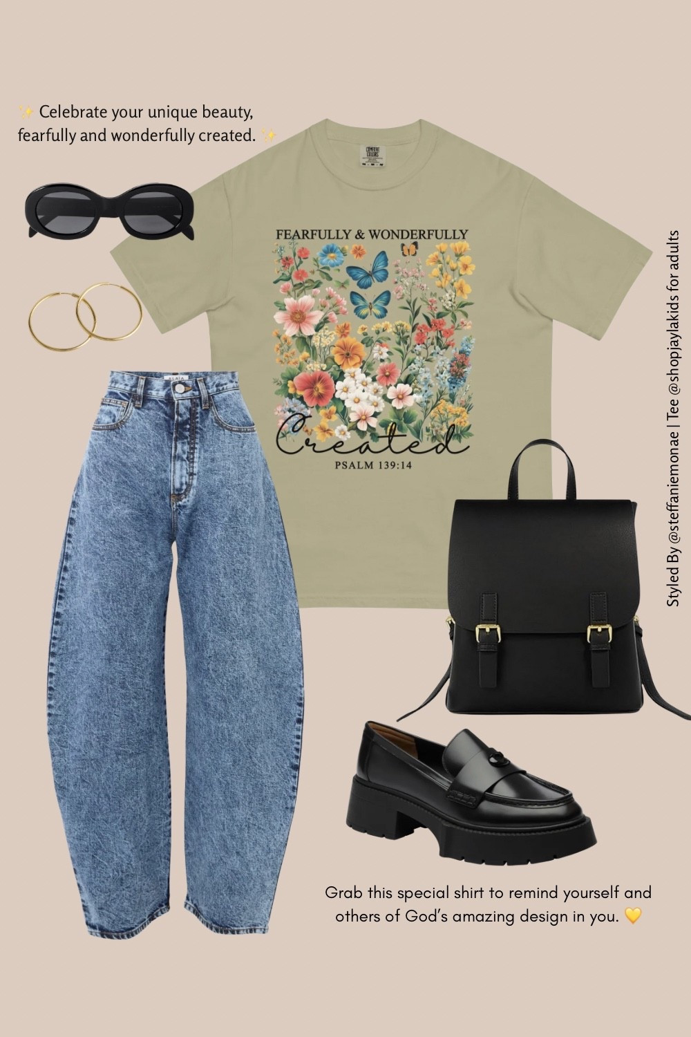 Fall cozy + faith-forward 🍂✨ My Fearfully & Wonderfully Created Adult Tee from Shop Jayla Kids is the star of this look, styled with structured jeans, classic loafers, a chic backpack purse, gold hoops, and black glasses for everyday inspiration.

#ShopJaylaKids #AdultTee #FaithBasedFashion #Psalms139 #ChristianTShirt #FallLookbook #StyledOutfit #FallOutfitInspo #ScriptureShirt #CasualFaithStyle #OOTD #FaithAndFashion
