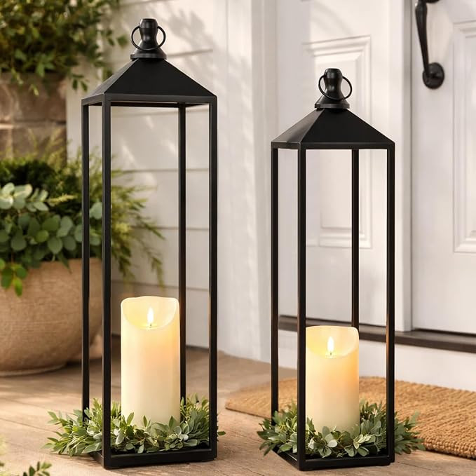 22'' 19'' Large Lanterns Decorative Outdoor Indoor, Set of 2 Candle Lantern | Black Metal Floor L... | Amazon (US)