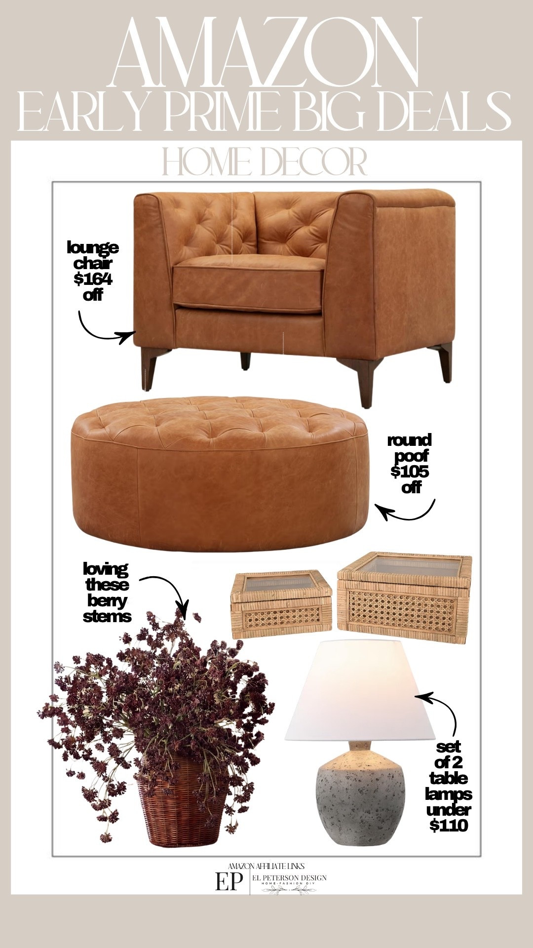 Amazon
Early Prime Big Deals 
Accent Chair
Pouf
Decorative boxes
Stems
Table lamp

#LTKHome #LTKSaleAlert
