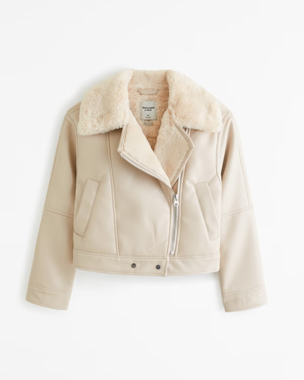 Women's Vegan Leather Shearling Biker Jacket | Women's Coats & Jackets | Abercrombie.com | Abercrombie & Fitch (US)