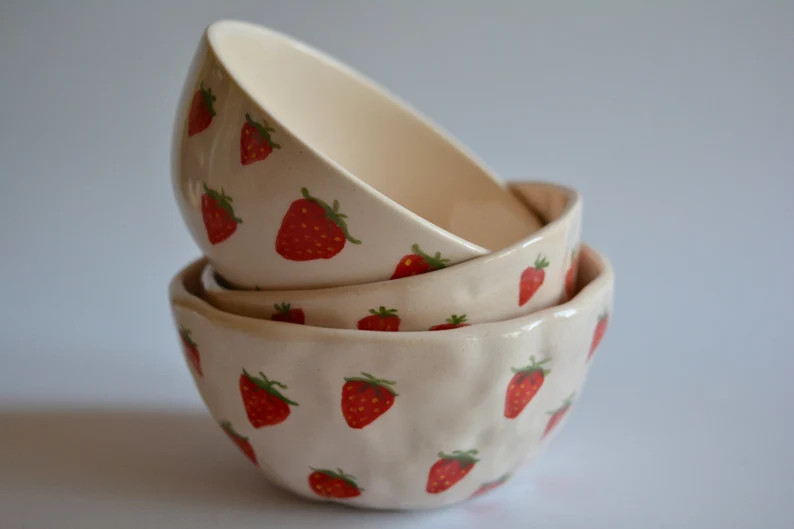 Strawberry Pattern Handmade Ceramic Bowl, Mom Gift, Vegan Snack Lover, Fruit Lover, Fruit Home De... | Etsy (UK)
