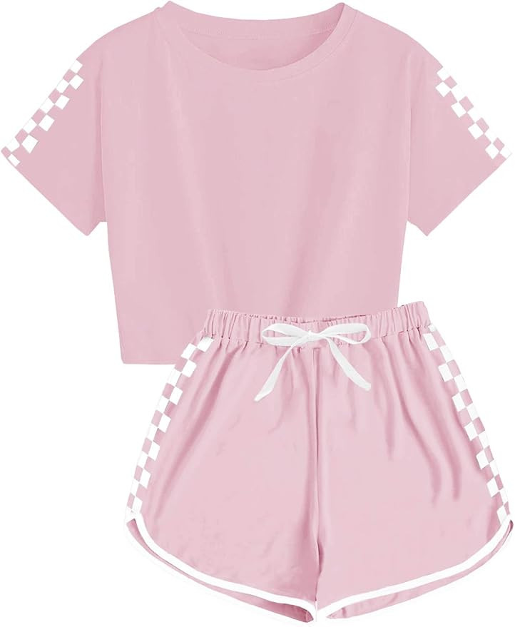 CNJFJ Kids Summer Sport T-Shirt and Shorts Set Plaid Print Clothing Sets Tracksuit | Amazon (US)
