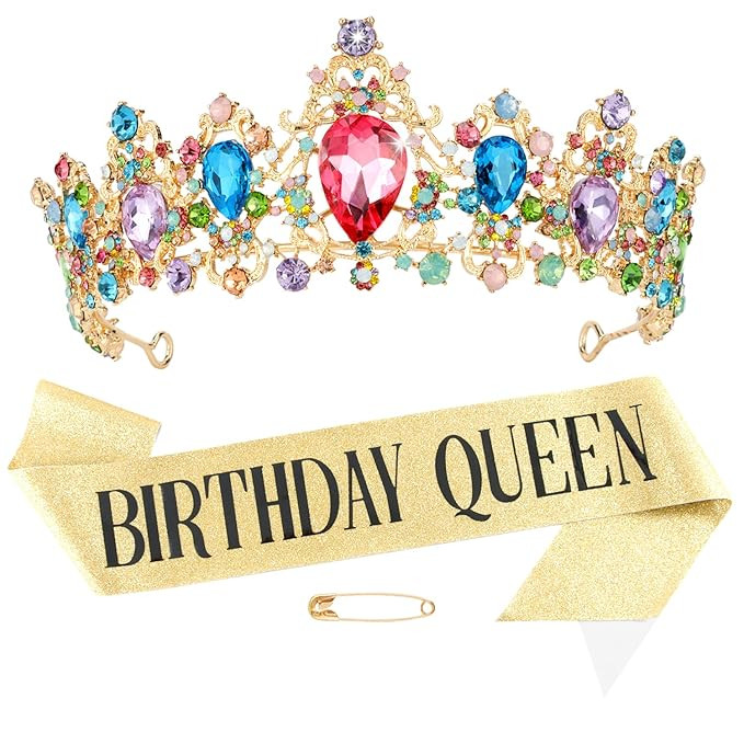 Didder Colorful Crowns for Women Birthday, Gold Birthday Queen Sash Birthday Crown Birthday Tiara... | Amazon (US)