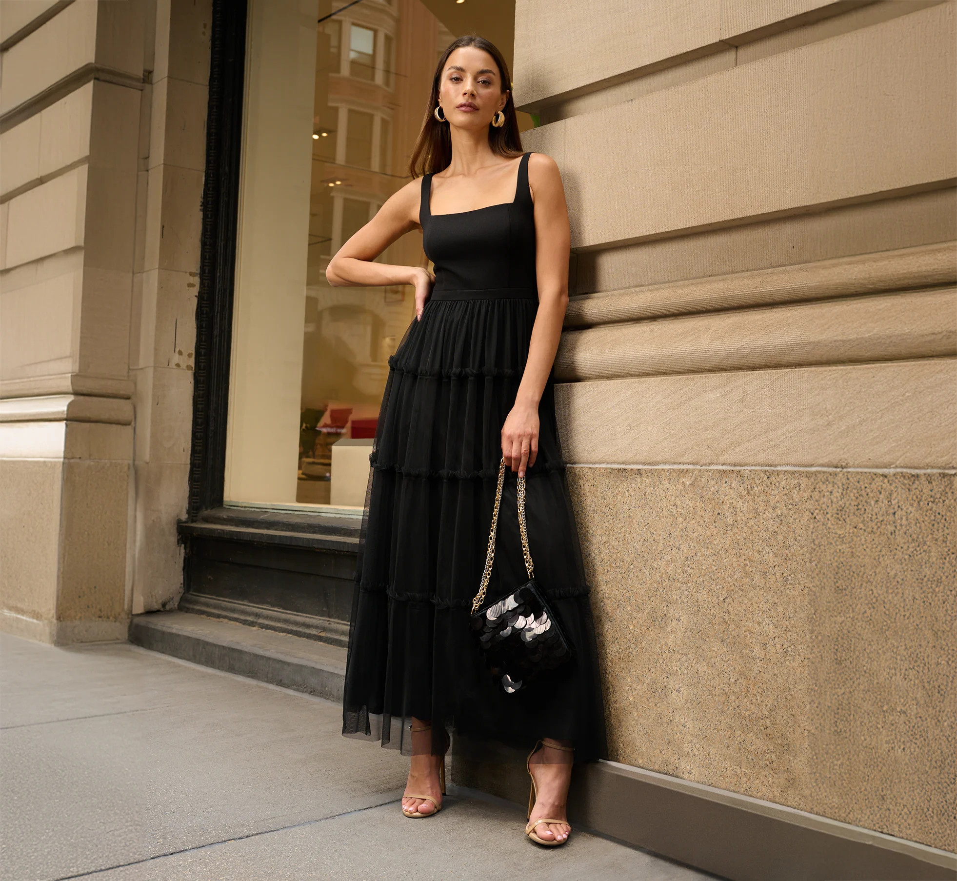 Sleeveless Midi Dress With Square Neck And Tiered Skirt In Black | Adrianna Papell