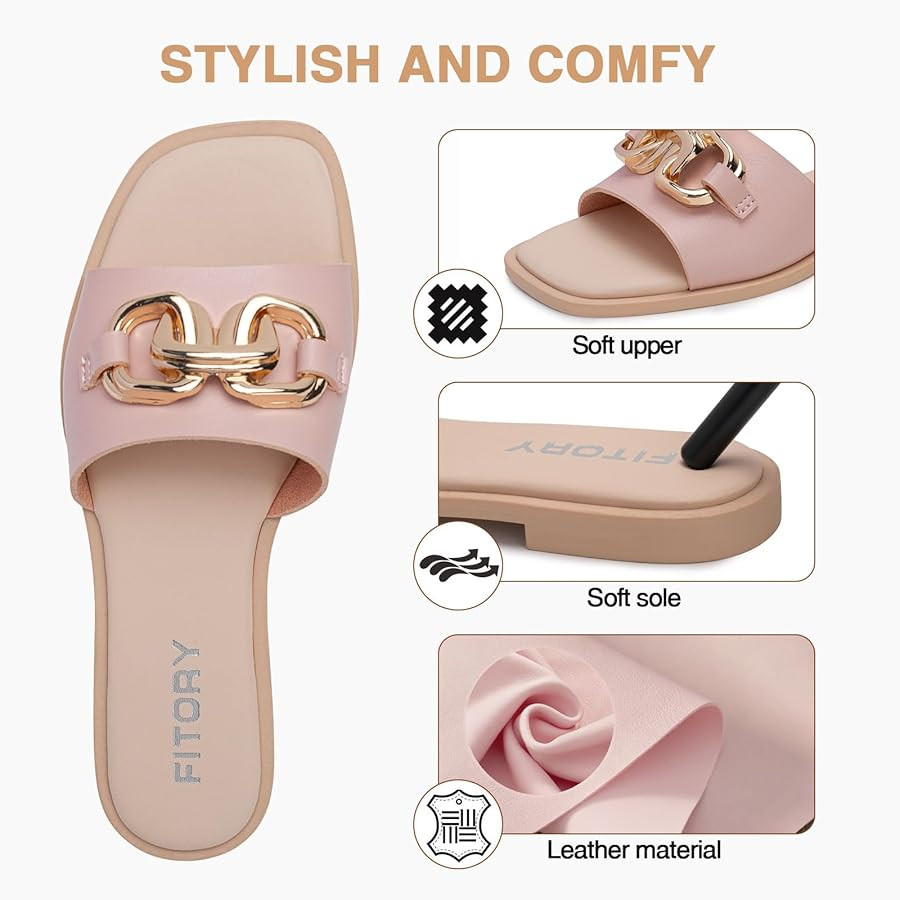 FITORY Women's Flat Sandals Fashion Slides With Soft Leather Slippers for Summer Size 6-11 | Amazon (US)