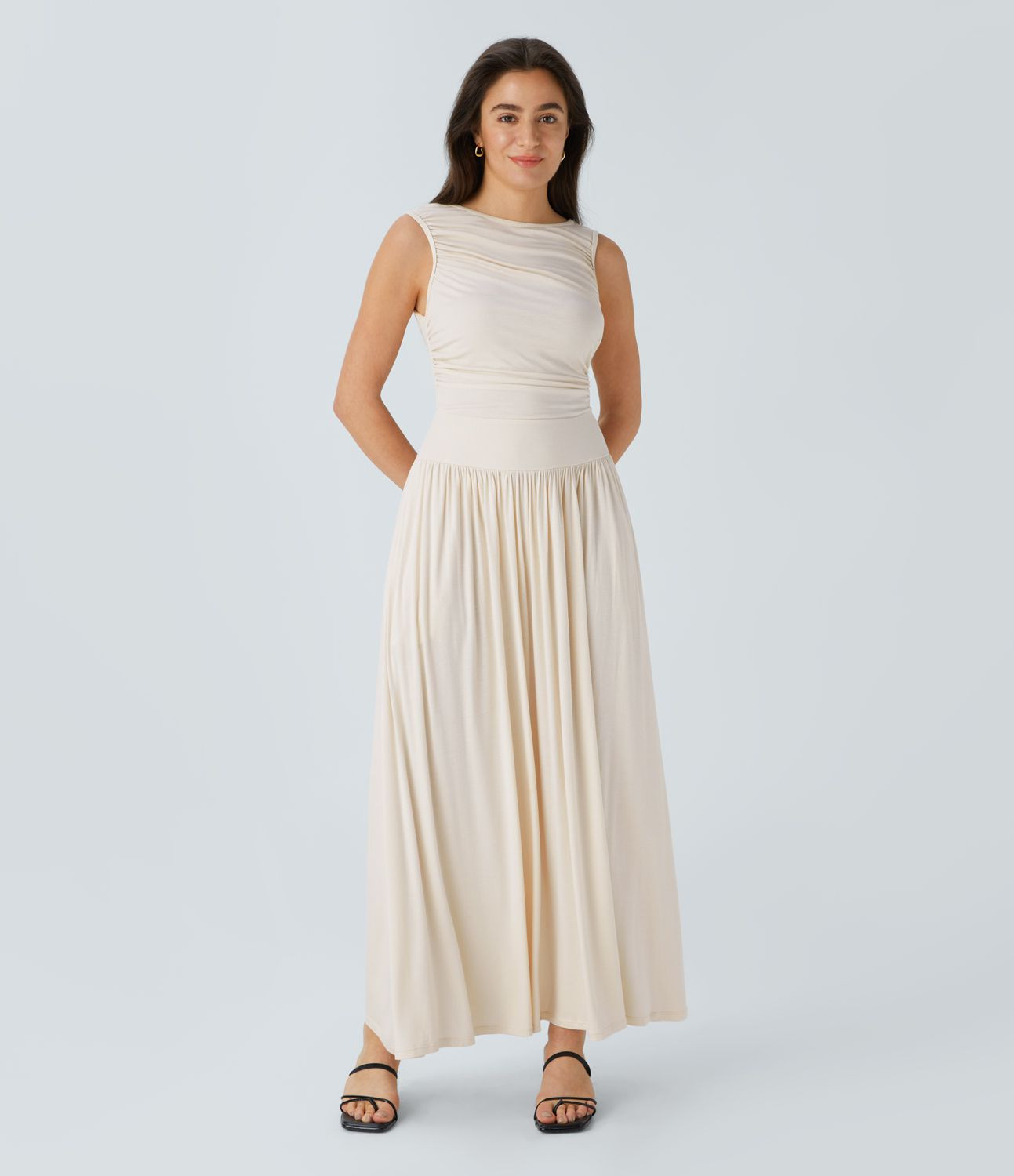 Women’s Ribbed Boat Neck Asymmetric Strap Ruched Side Pocket Flowy Maxi Casual Dress - Halara | HALARA