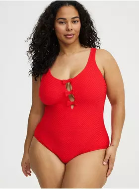 Wire-Free Bow Front Smocked One Piece Swimsuit | Torrid (US & Canada)