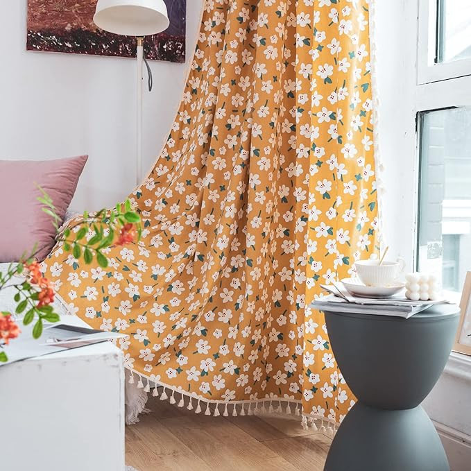 Boho Curtain 84 Inch Length, Farmhouse Yellow Florals Print, Cotton Linen Tassels Rod Pocket Semi... | Amazon (US)