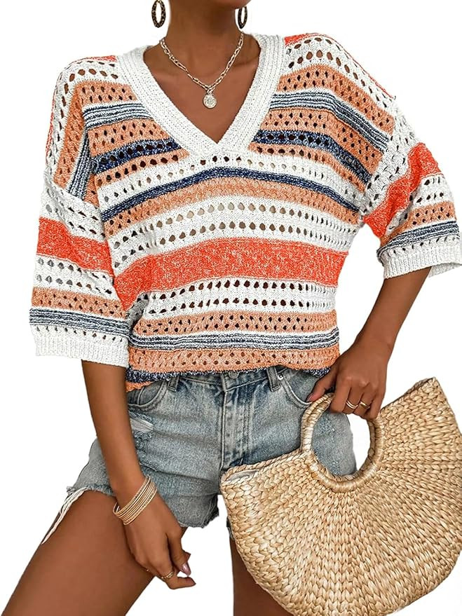 Saodimallsu Womens Short Sleeve Sweaters V Neck Crochet Knit Striped Hollow Out Tops Beach Cruise... | Amazon (US)