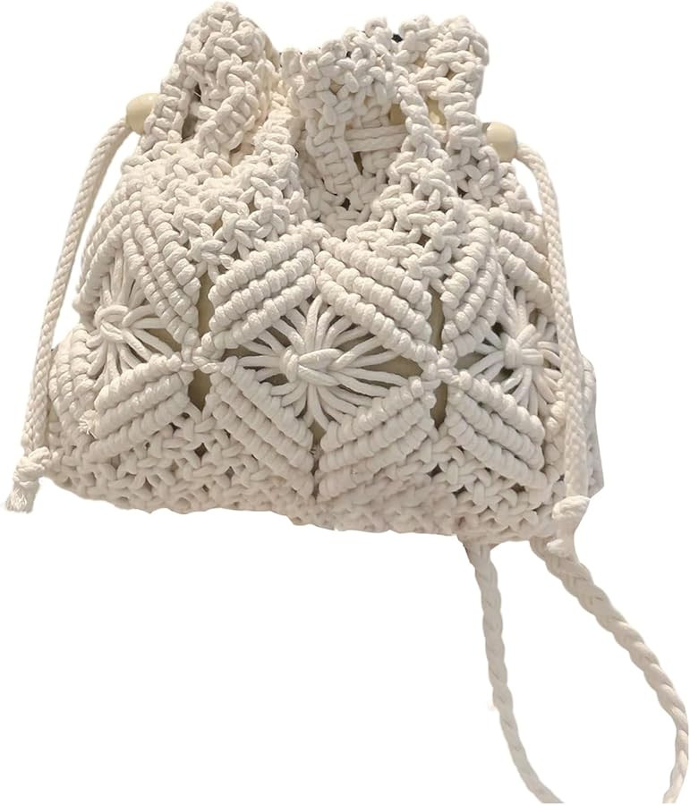 OYOANGLE Women's Braided Bucket Bag Drawstring Crossbody Bags Hollow Out Crochet Shoulder Handbag | Amazon (US)
