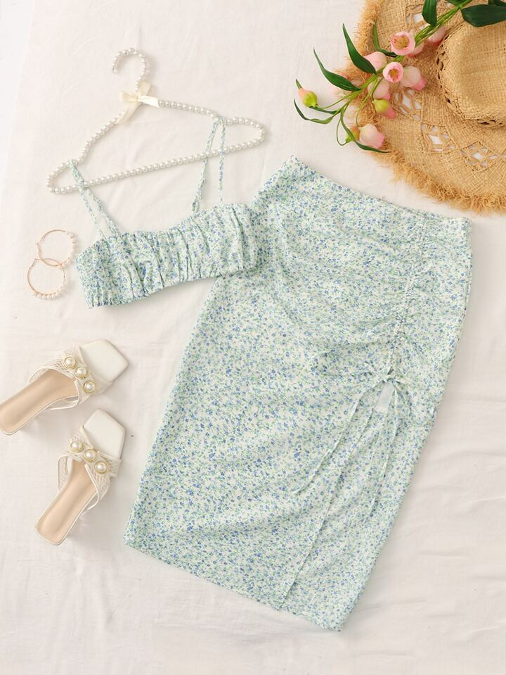 SHEIN WYWH Ditsy Floral Print Crop Cami Top & Drawstring Ruched Split Thigh Skirt | SHEIN