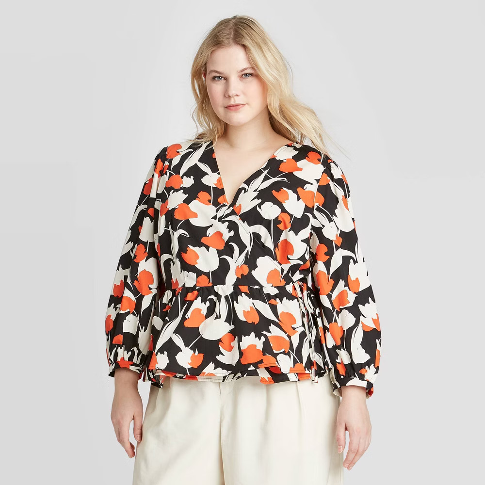 Women's Plus Size Floral Print Long Sleeve Top - Who What Wear Cream 2X, Ivory | Target