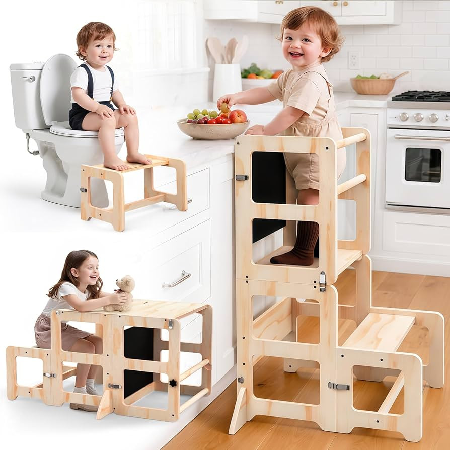 Toddler Kitchen Step Stool, 4-in-1 Foldable Standing Tower with Blackboard, Toddler Step Stool fo... | Amazon (US)
