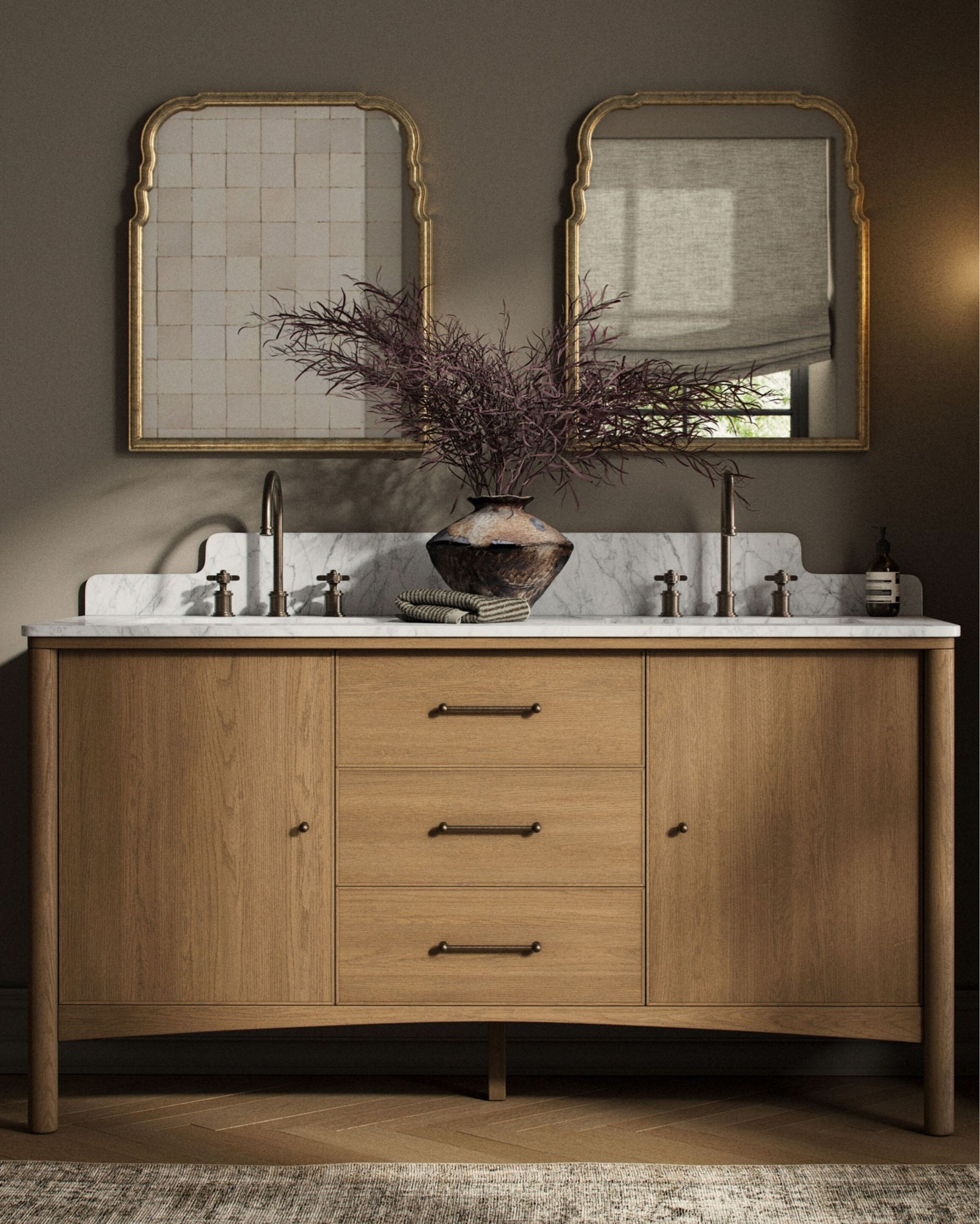 The Pennington bath vanity channels classic design through a modern lens for a sleek transitional style. A softly shaped backsplash, rounded corners, and dowel legs lend heritage charm, while the marble top keeps the look crisp and elevated. Generous storage and thoughtful detailing make this piece an easy anchor for a well-appointed bath.

#LTKHome