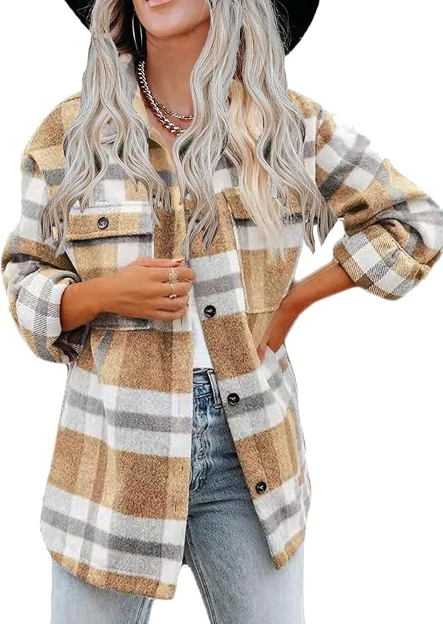 Haellun Womens Wool Blend Plaid Flannel Button Down Shirts Jacket Shacket Coats | Amazon (US)