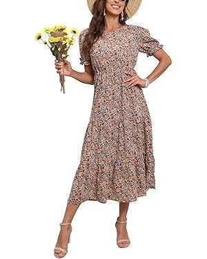 GRECERELLE Women's 2024 Spring Summer Casual Loose Crewneck Boho Dress Ruffle Puff Sleeve High Wa... | Amazon (US)