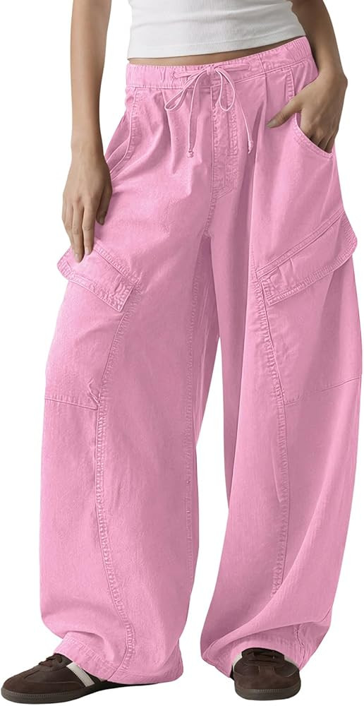 Fisoew Womens Barrel Baggy Cargo Pants Elastic Waist Wide Leg Casual Pants Y2K Streetwear with Mu... | Amazon (US)
