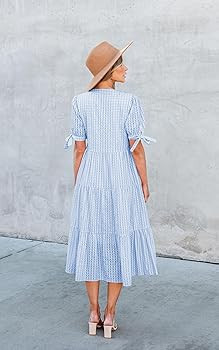 ECOWISH Women Summer Casual Dress - V Neck Short Sleeve Gingham Midi Pleated Tiered Loose Fit Hol... | Amazon (US)