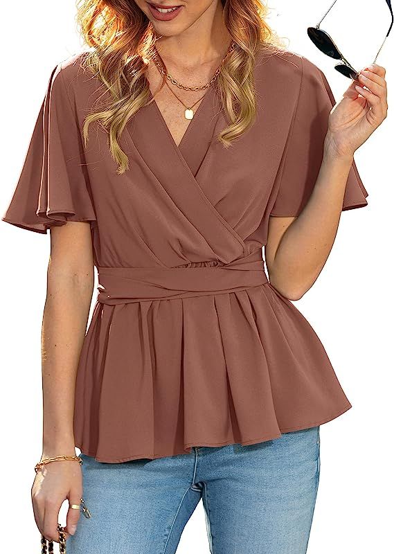 Beluring Womens Peplum Tops Summer Wrap V Neck Ruffle Hem Short Sleeve Blouse with Belt | Amazon (US)