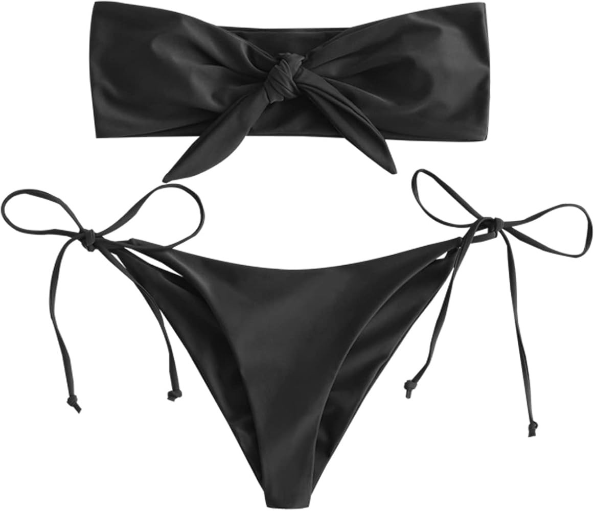 ZAFUL Women's Floral Print Bandeau Bikini Set High Cut Strapless Knot Front Swimsuit Sexy Bathing Su | Amazon (US)