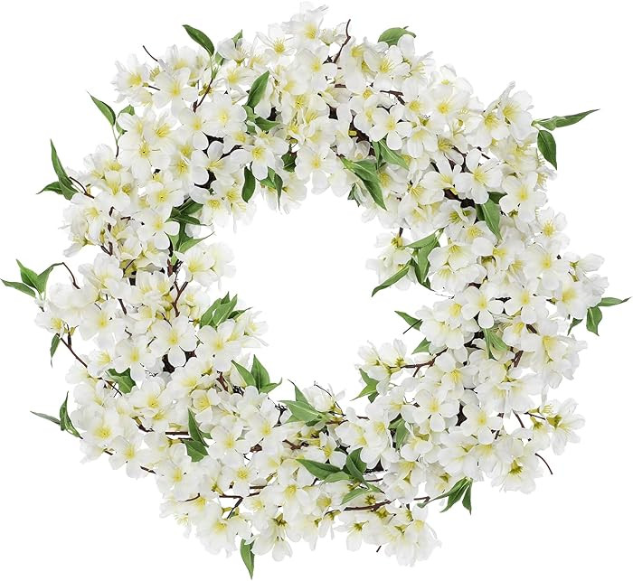 Spring Summer Wreaths for Front Door, 20 Inch Cherry Blossom Wreaths for Spring Summer Decor, Whi... | Amazon (US)