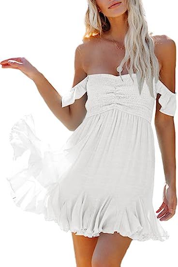 Fixmatti Women Summer Smock Tube Top Dress Off Shoulder Ruffles A-Line Flowy Dresses | Amazon (US)