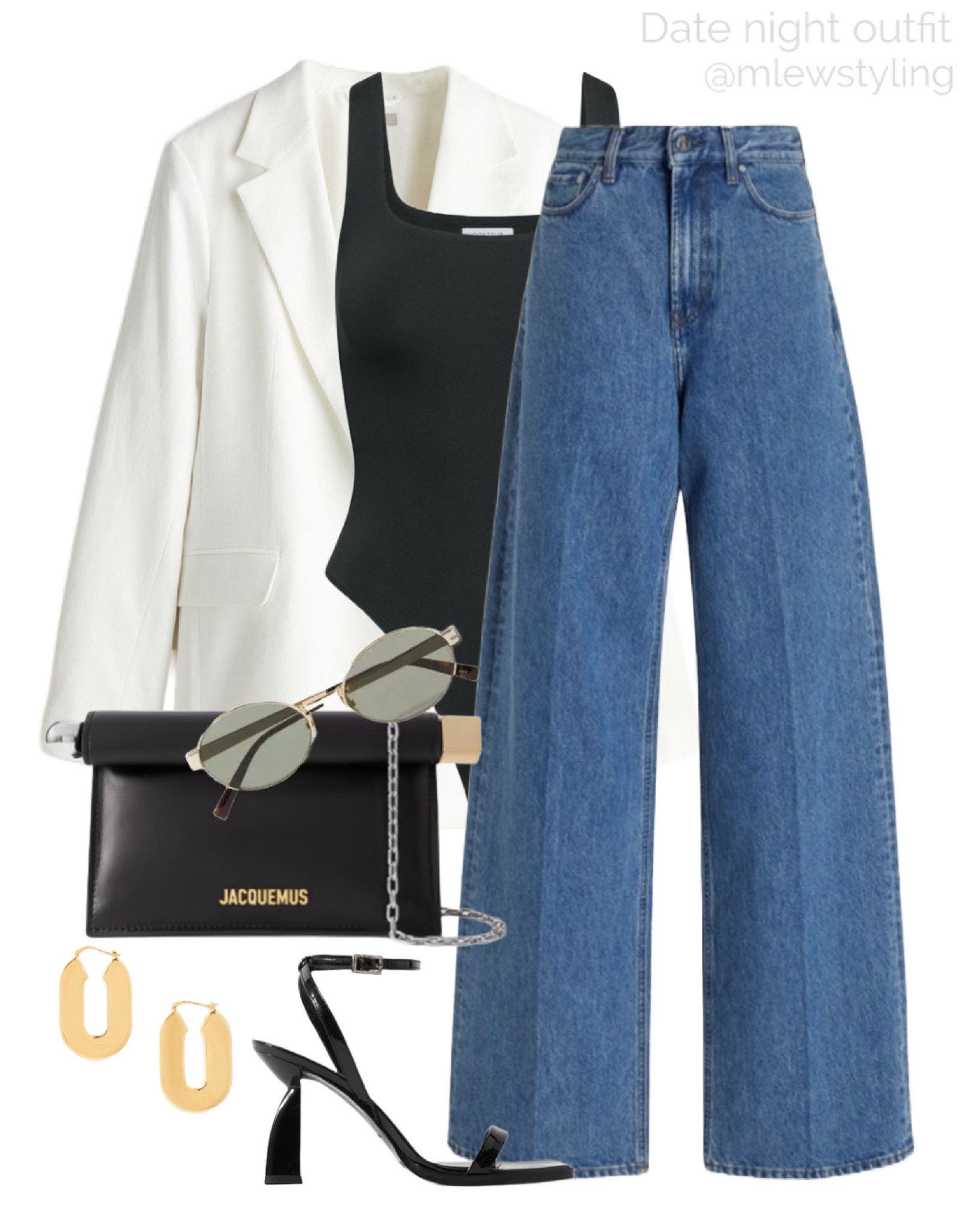 Spring outfit for date night with Toteme wide leg jeans, a black bodysuit, and white blazer 🤍

Tags: spring fashion, aritzia tank bodysuit, H&M blazer, jacquemus clutch bag, gold earrings, saint Laurent sunglasses, black heeled sandals, neutral fashion, capsule wardrobe 

#LTKparties #LTKSeasonal #LTKitbag