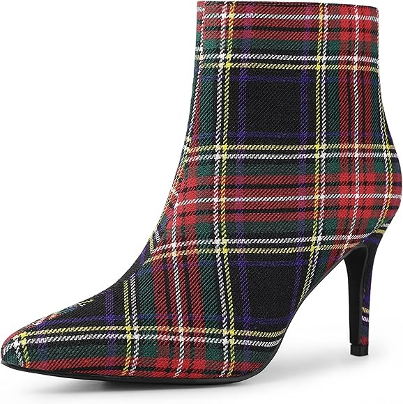 Allegra K Women's Plaid Pointed Toe Side Zip Stiletto Heel Ankle Boots | Amazon (US)