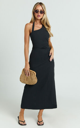 Lindley Midi Dress - Halter Neck Linen Look Dress in Black | Showpo (US, UK & Europe)