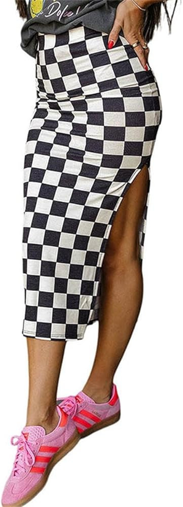 Women Skinny Hip Wrap Checkered Print Skirt Casual Spring Fall High Split Sexy Y2K Long Midi Skir... | Amazon (US)