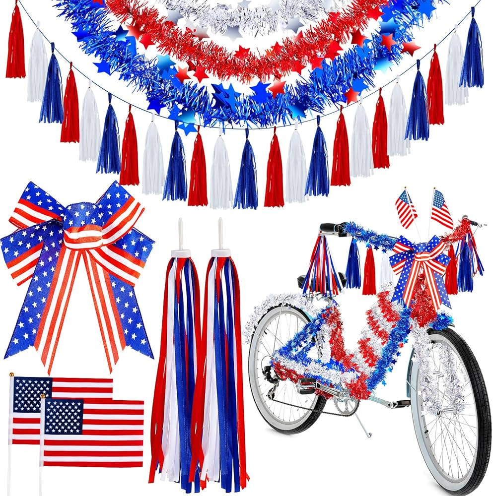 Chunyin 9 Pcs Patriotic Bike Decor Set 4th of July Bicycle Ribbon Streamer Scooter Cloth Tassel P... | Amazon (US)