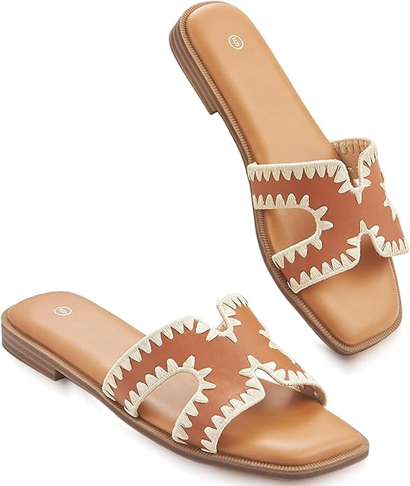 Womens Sandals Slip On Fashion Flat Sandals Soft Memory Foam Slides Comfortable Leather Open Toe ... | Amazon (US)