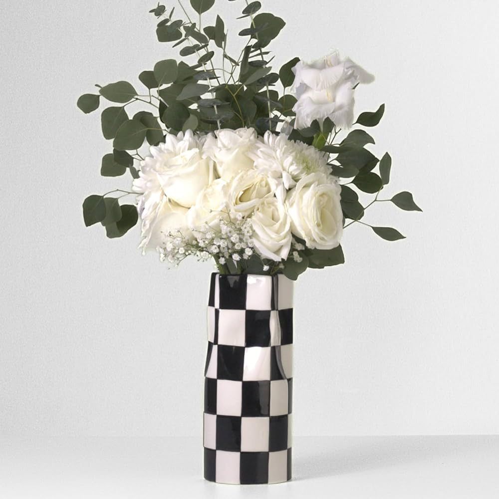 Medium Checkered Vase, Modern Home Decor, Decorative Ceramic Flower Vase, Aesthetic Black & White... | Amazon (US)
