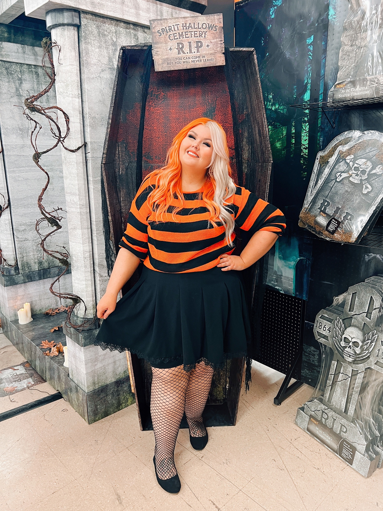 When @spirithalloween opens.. It’s officially Spooky Season! 🥰🎃🦇 SWIPE to see how stoked I am 😂

Also a little girl said she liked my costume 😂 It was cute. 🎃

SWEATER - @hottopic 
SKIRT - @shein
FISHNETS & FLATS - @torrid 

📸 @ahoyalina 

#spirithalloween #spookyseason #codeorange #hottopic #torrid #altfashion #altgirl #halloween outfit inspo / curvy fashion / fall fashion / orange hair / alt style #sheincurve #alternativecurves. 