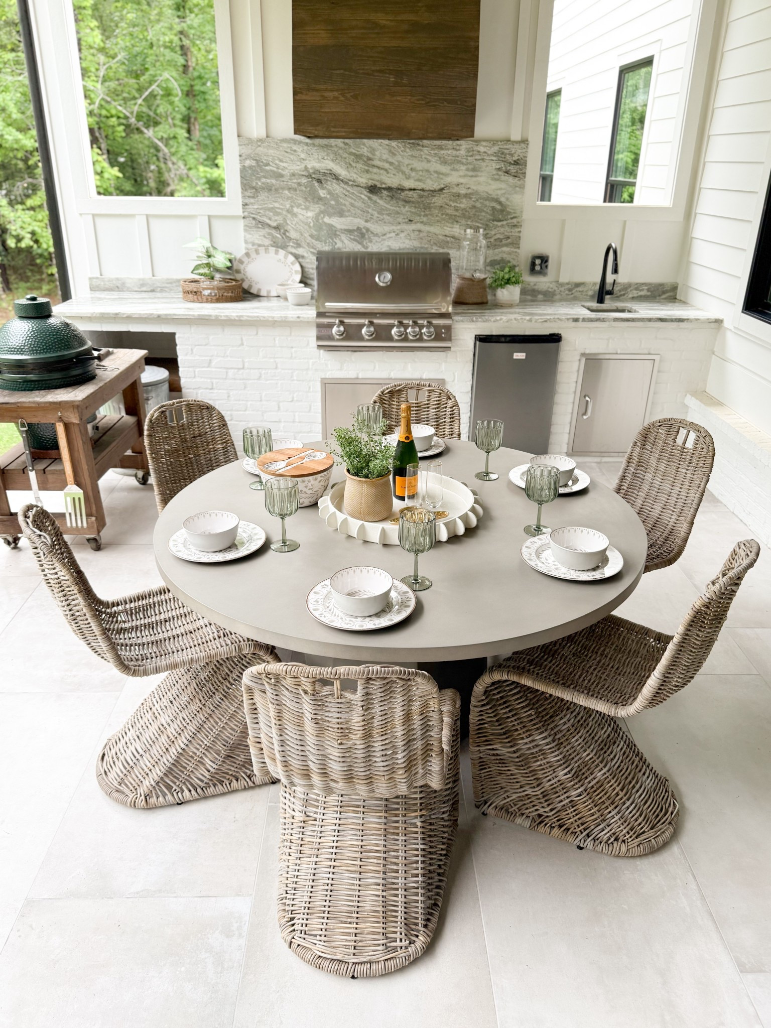 Outdoor back patio dining set with woven chairs and concrete round table from Wayfair. I’m loving this melamine plate and serving set from Walmart ✨🤍

#LTKSaleAlert #LTKStyleTip #LTKHome