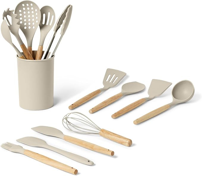 Amazon Basics Silicone Cooking Utensils Set with Wooden Handle, 14-Piece, BPA-Free, Utensil Holde... | Amazon (US)