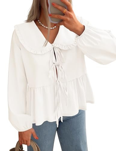 ZESICA Women's Tie Front Peplum Tops Long Puff Sleeve Lapel Collar Cute Babydoll Blouses Shirts,Ivory,Small | Amazon (US)