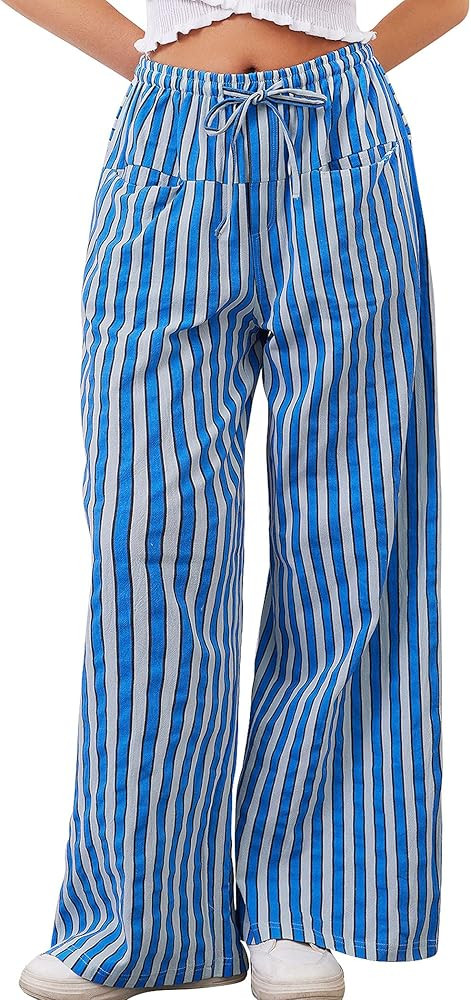 Ziesexy 2026 Summer Striped Pants Women Loose Wide Leg Drawstring Pants Lightweight Low Rise Loun... | Amazon (US)