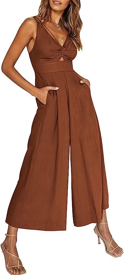 ANRABESS Women's Summer Wide leg Jumpsuits V Neck Smocked Cutout High Waist Thick adjustable stra... | Amazon (US)