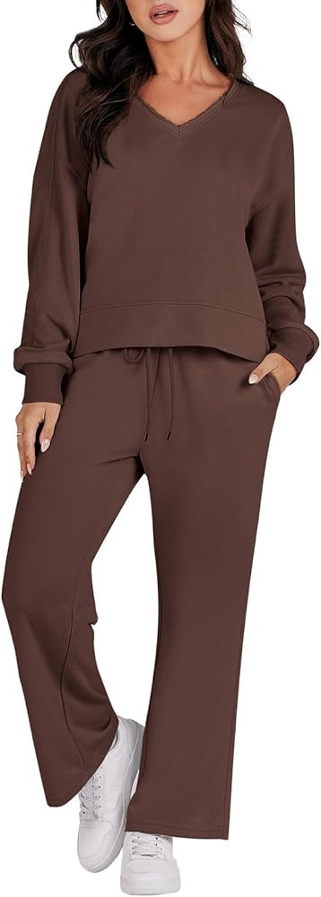 ANRABESS Women’s Two Piece Outfits Matching Sets Long Sleeve Crop Pullover Top and Wide Leg Pan... | Amazon (US)