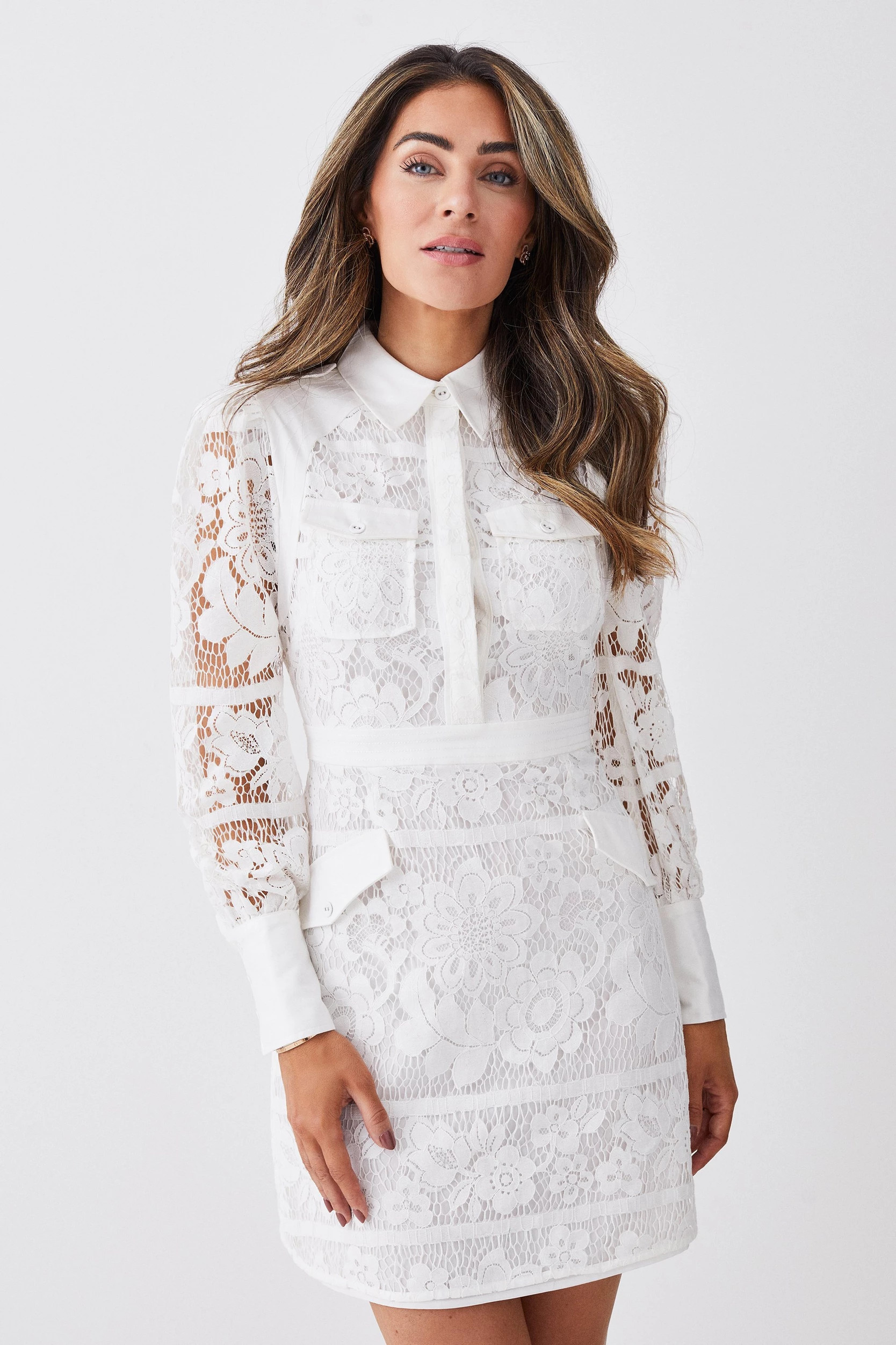 Lydia Millen Lace Military Mix Woven Mini Shirt Dress | Karen Millen US