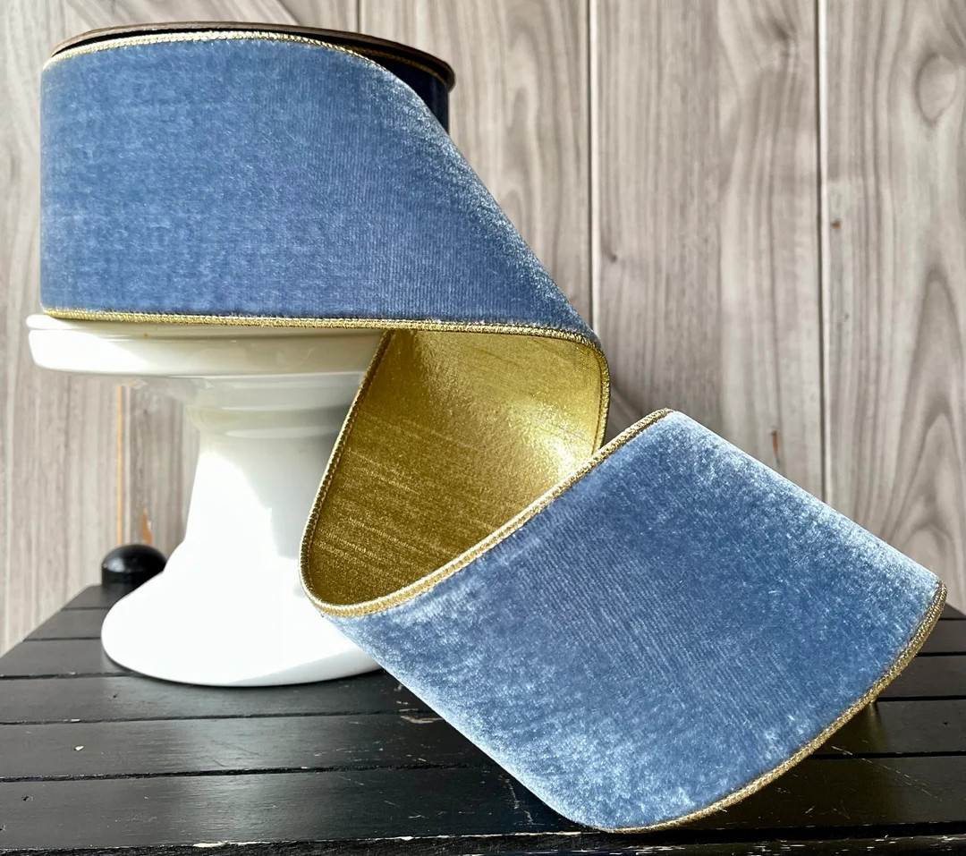 Dusty Blue Lush Velvet Gold Fused Back D Stevens Wired Ribbon, 4 Inch, 10 Yards - Etsy | Etsy (US)