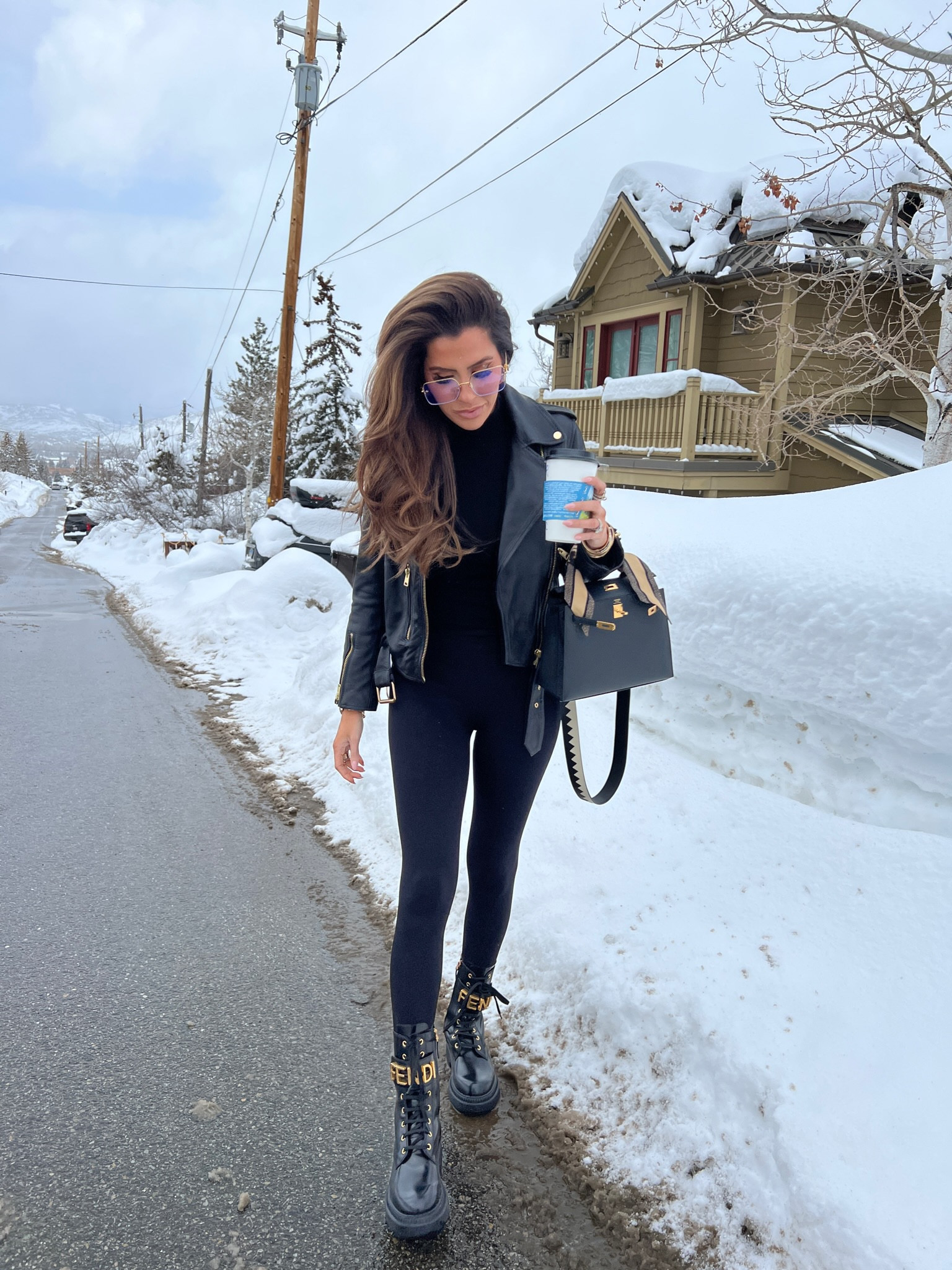 Casual Outfit, Combat Boots, Fendi Boots, Black leather jacket, black and gold jacket, leggings, bodysuit, Hermes Kelly, blue light glasses, emily Ann Gemma 

#LTKSeasonal #LTKstyletip