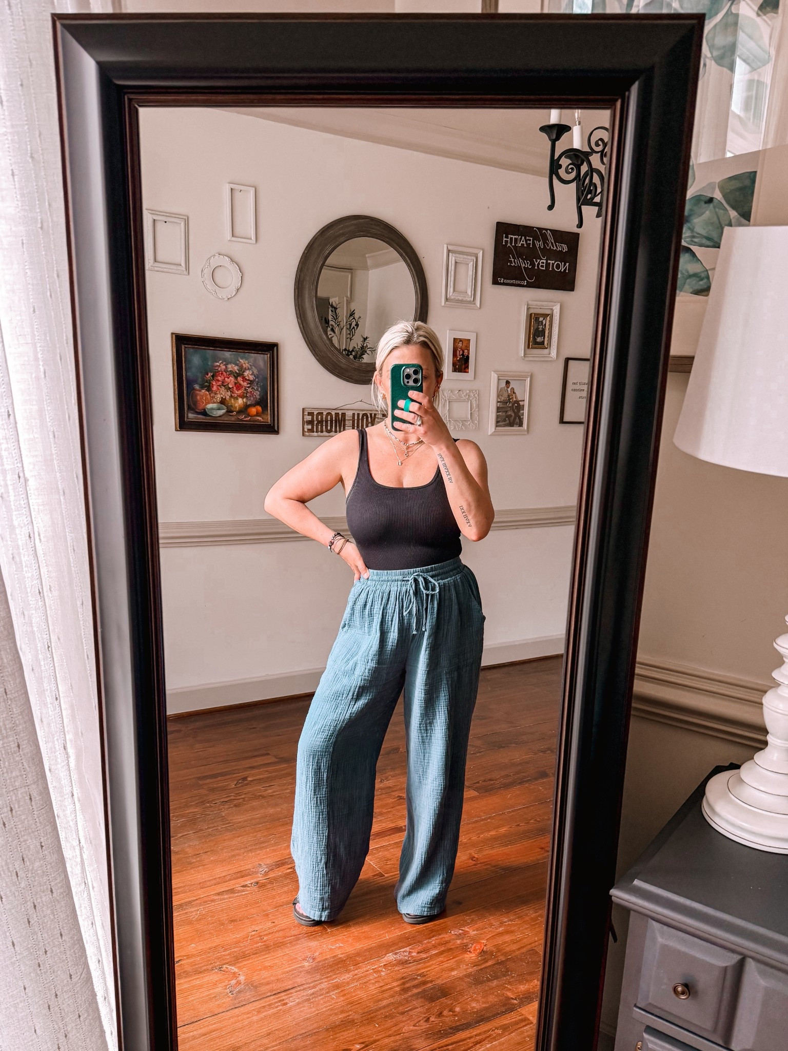 Gauze slacks for the win!! Perfect summer work outfit and they’re like wearing pjs all day 🙌🏼 
TTS - I’m in medium 
Great Post partum ootd!! 
Bodysuit is a contouring suit - wearing medium 

#LTKPetite #LTKOver40 #LTKFindsUnder50