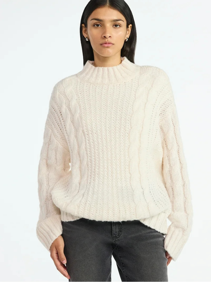 Scoop Women’s Oversized Cable Knit Sweater, Midweight, Size XS-XXL | Walmart (US)
