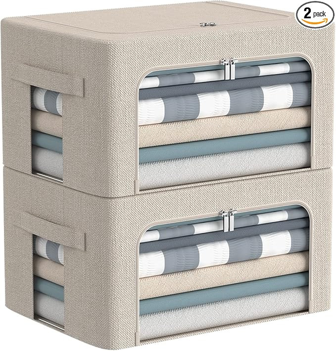 Clothes Storage Bins Box - Linen Fabric Foldable Stackable Container Organizer Set with Clear Win... | Amazon (US)