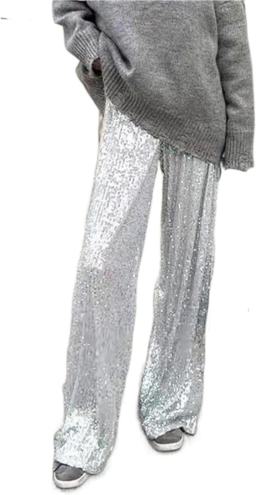 Alyweatry Women Sequin Pants Outfit Metallic Pants Dress Pants Amazon Wide Leg Pants Outfit | Amazon (US)