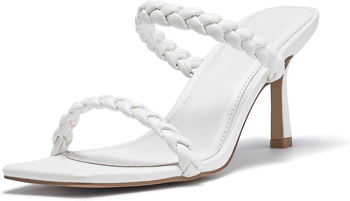 Women's Braided Heeled Sandals Square Open Toe Stiletto Heels Woven Slip On Slide Shoes | Amazon (US)