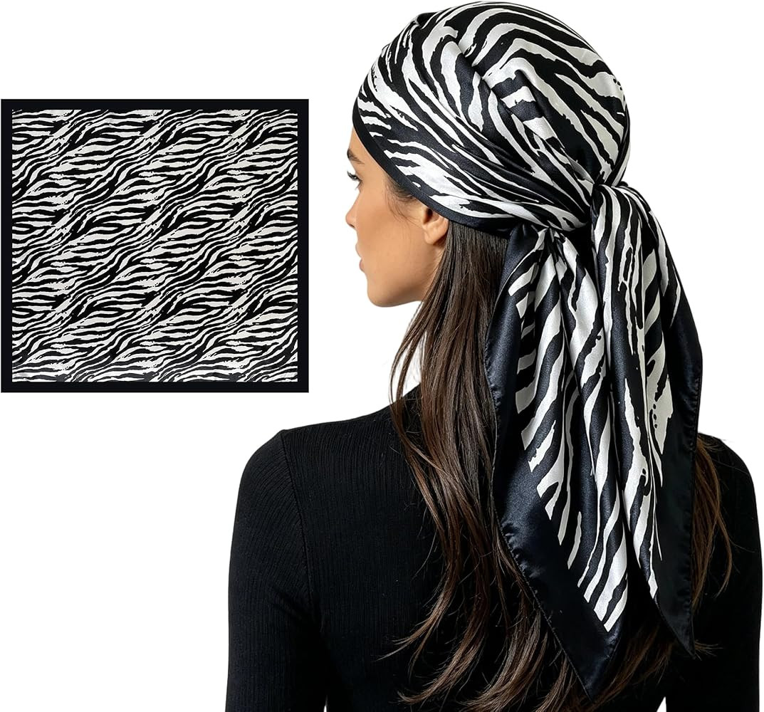 Women's Zebra-Print-Large-Bandana, Lightweight Satin Boho Multi-use Scarf | Amazon (US)